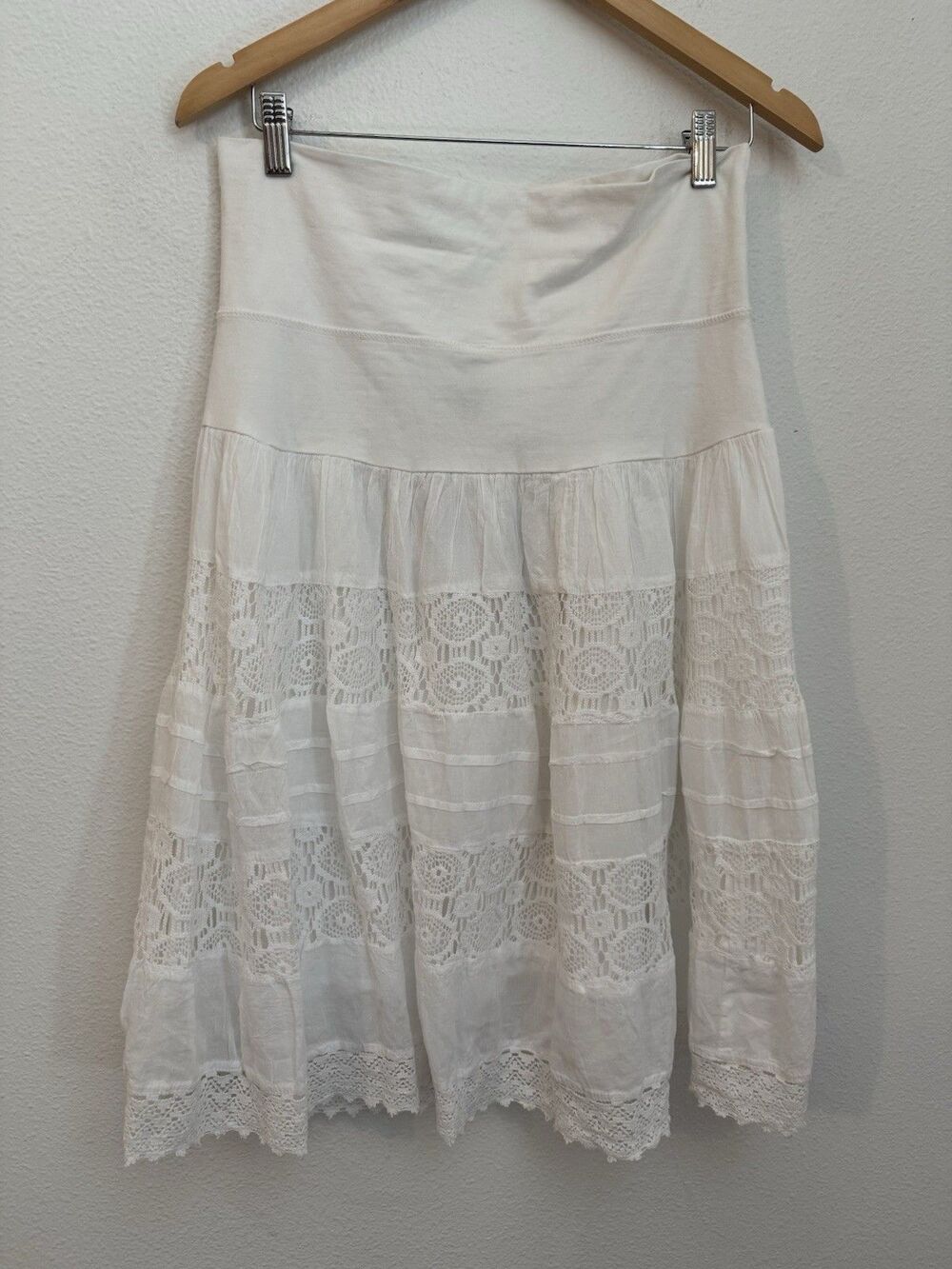 Now & Then Tiered Skirt Cottage Core Romantic Fairy Crochet White Boho New L